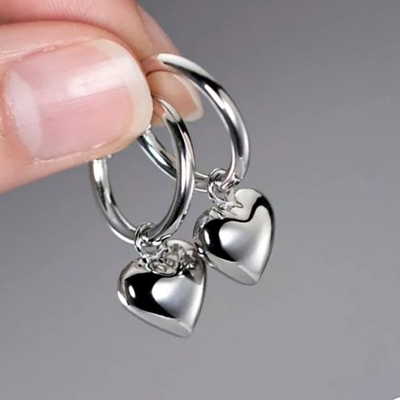 NEW Sterling Silver Hoops with 3-D Heart Charms - Picture 3 of 9